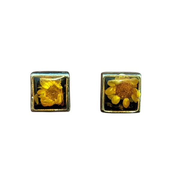 Vintage Resin Floral Earrings Sterling Silver Daisy Square Stud 90’s Y2K - Picture 2 of 5